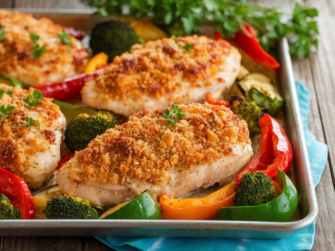 Parmesan Crusted Chicken Sheet Pan Dinner Parmesan crusted chicken and roasted vegetables on a sheet pan, ready to serve.